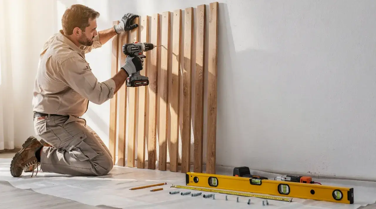 Un homme fixe des tasseaux au mur sans percer. Il utilise une perceuse pour fixer les lattes de bois.