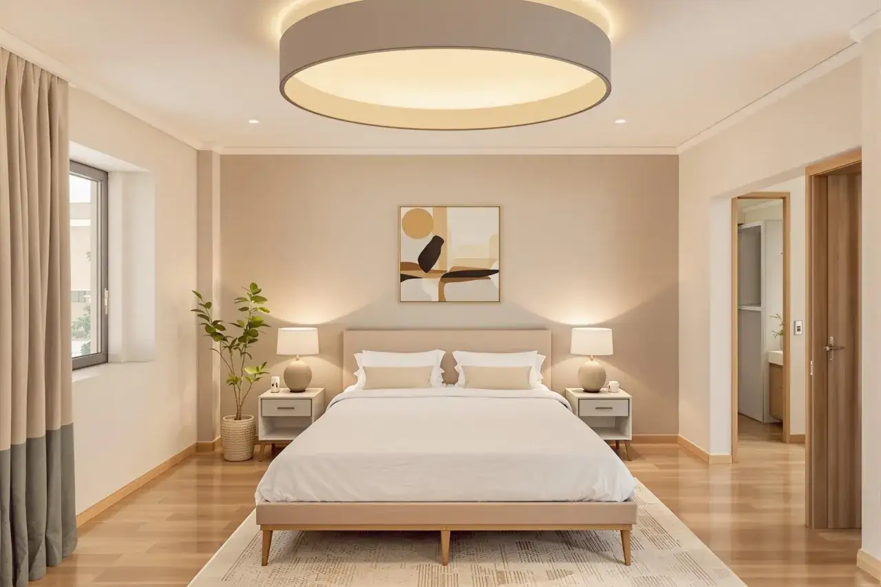 Chambre moderne avec un grand luminaire circulaire au plafond, un lit douillet et une décoration murale abstraite. L'éclairage chambre est doux et invitant.