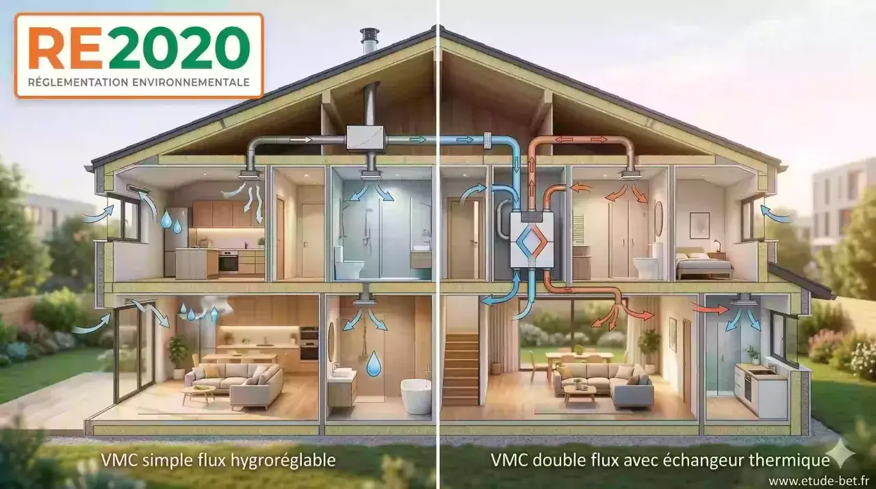 Schéma comparatif de la ventilation maison : VMC simple flux hygroréglable vs. VMC double flux avec échangeur thermique, conforme à la RE2020.
