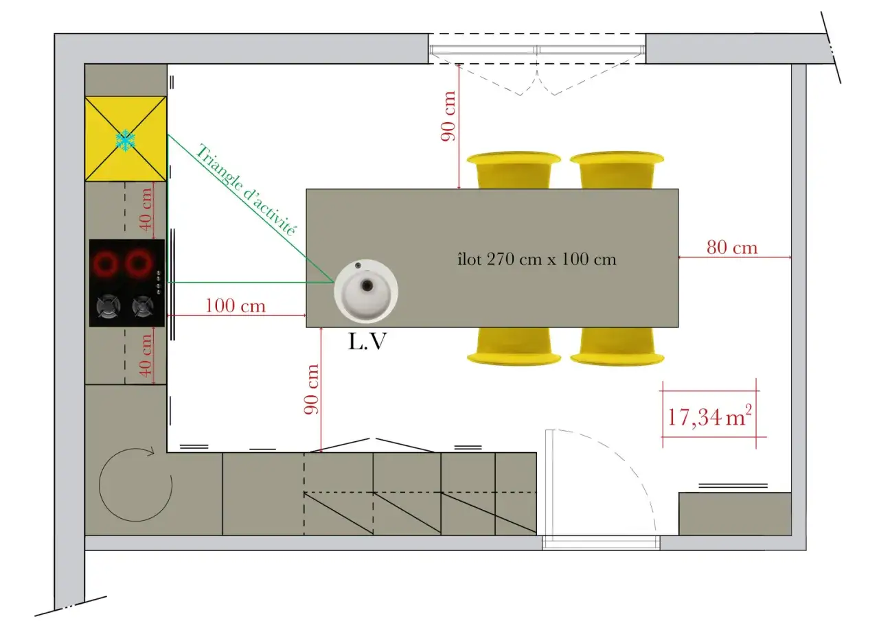 Plan de cuisine avec &icirc;lot central, &eacute;vier, plaque de cuisson et r&eacute;frig&eacute;rateur. L'espace autour de la table est optimis&eacute; pour un triangle d'activit&eacute; fonctionnel.