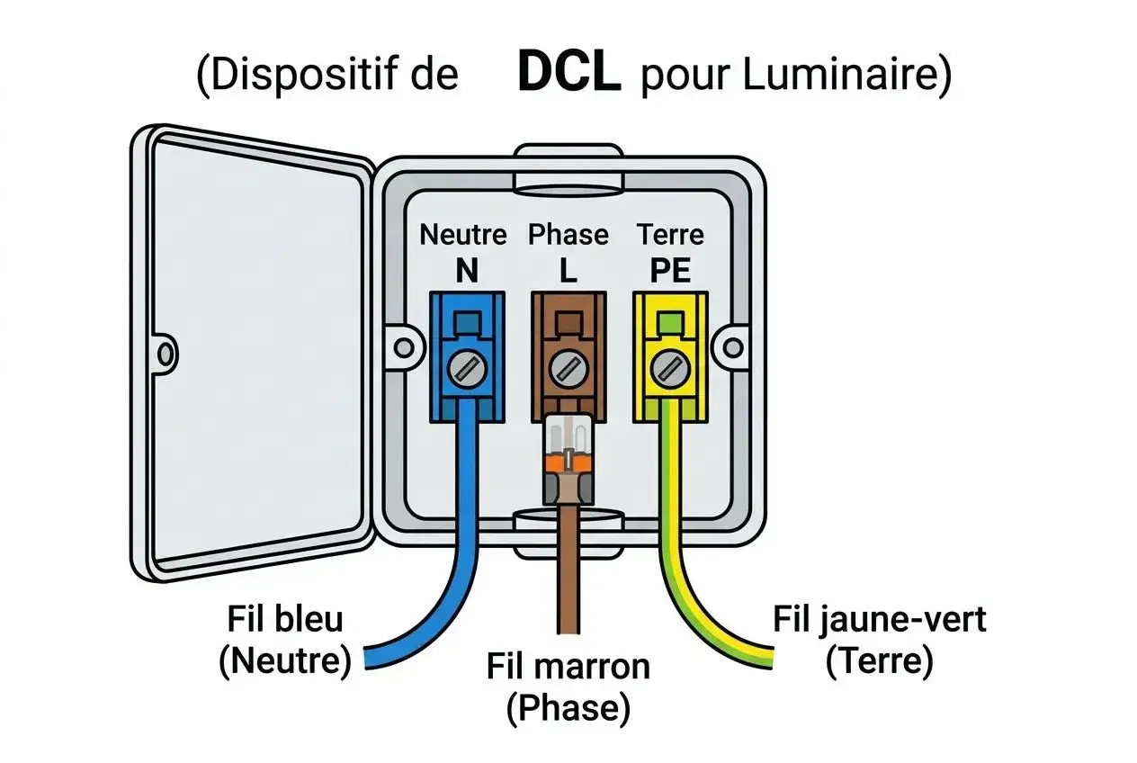 Schéma de branchement led 3 fils : bleu (neutre), marron (phase), jaune-vert (terre) dans un boîtier DCL.