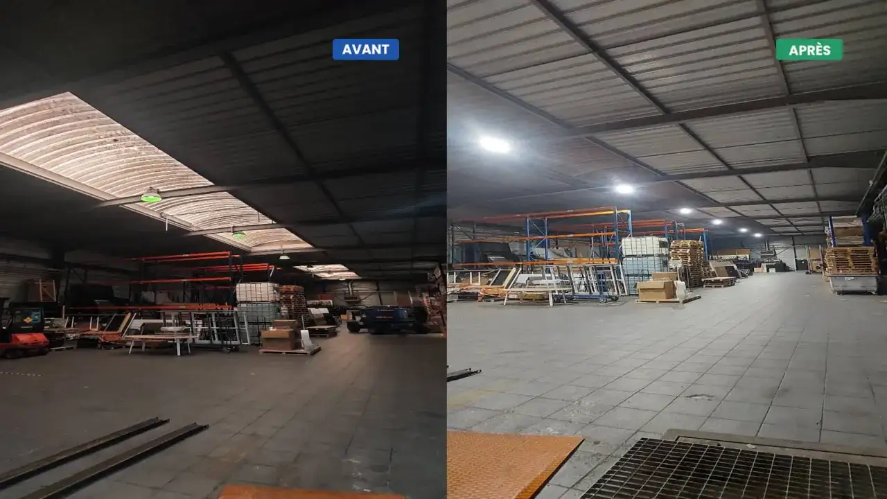 Avant/Après : un entrepôt sombre avec des puits de lumière devient un espace lumineux grâce au relamping.