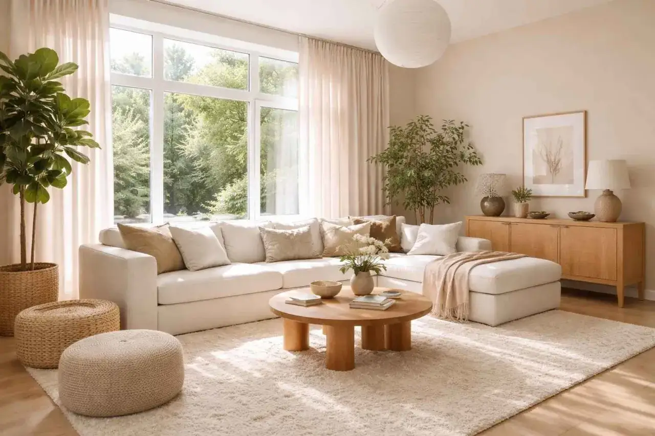 Un salon lumineux avec un canap&eacute; blanc, un tapis moelleux et un mur kaki en arri&egrave;re-plan. Une grande fen&ecirc;tre donne sur la verdure.