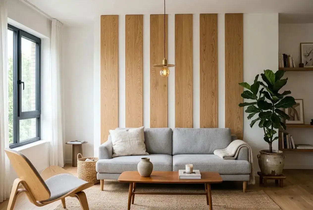 Salon moderne avec canapé gris, fauteuil en bois clair et mur décoré de lamelles de bois clair. Quelle couleur avec bois clair ? Le gris s'harmonise parfaitement.