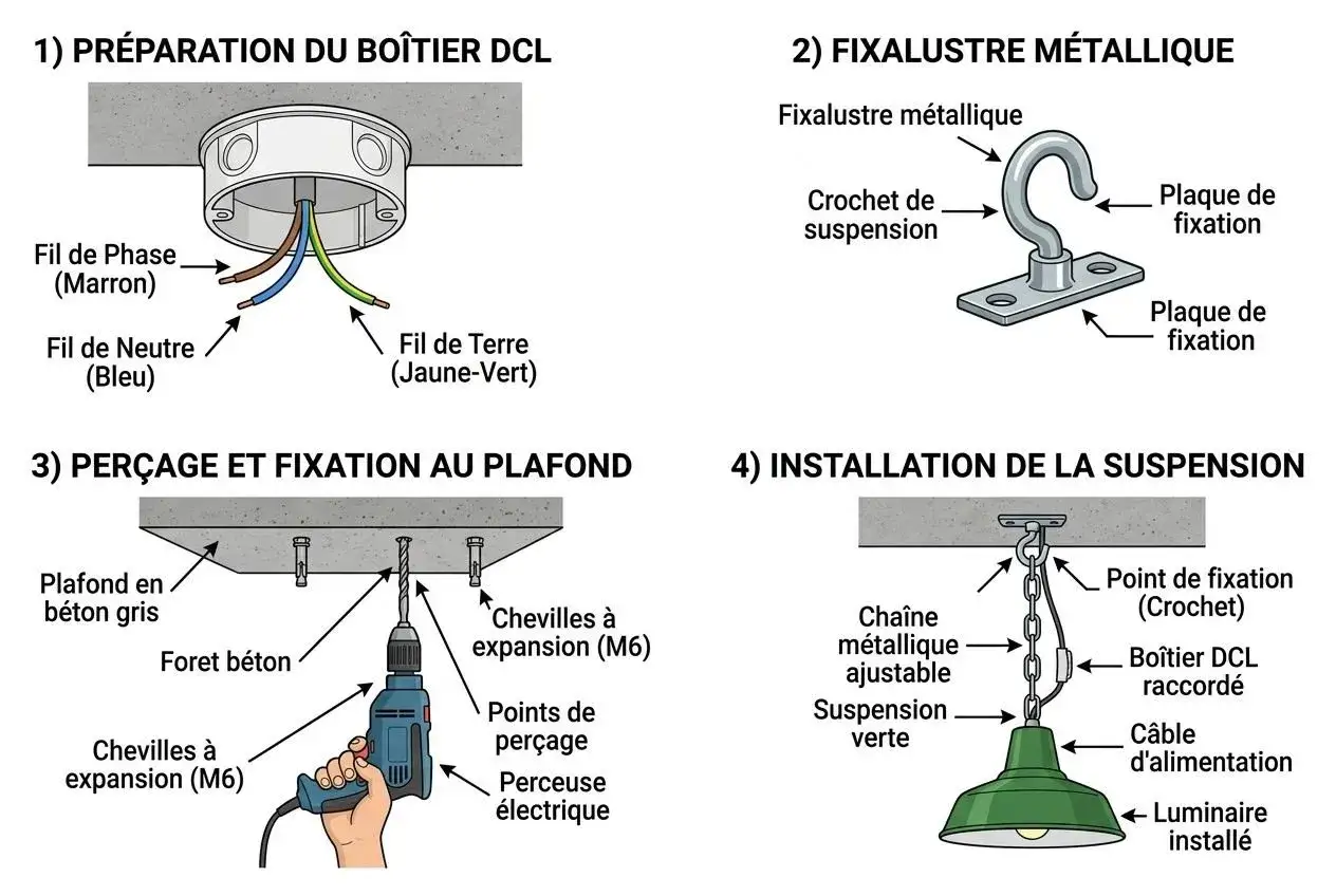 &Eacute;tapes pour installer luminaire plafond : pr&eacute;paration du bo&icirc;tier DCL, fixation m&eacute;tallique, per&ccedil;age et installation de la suspension.