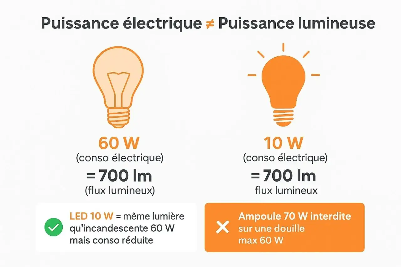 Une ampoule LED 10W &eacute;claire autant qu'une ampoule 60W, mais consomme moins. Ne mettez pas une ampoule 70W sur une douille max 60W.
