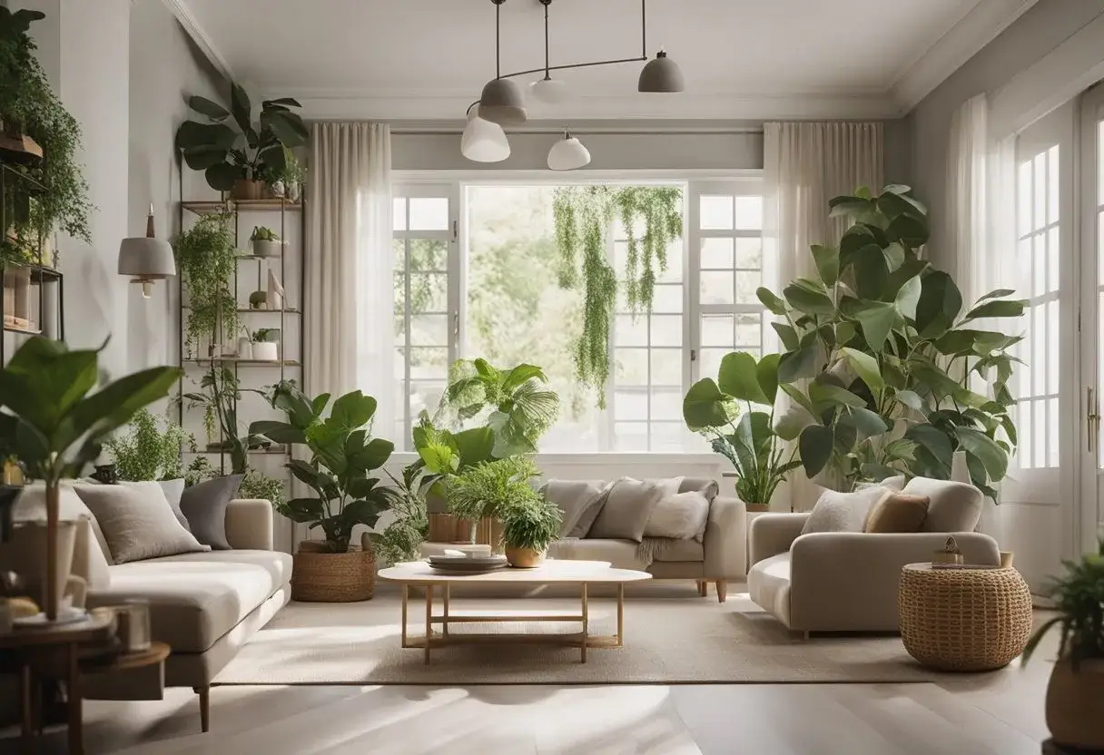 Un salon baign&eacute; de lumi&egrave;re naturelle, avec de nombreuses plantes vertes cr&eacute;ant une atmosph&egrave;re de feng shui apaisante. Canap&eacute;s confortables, &eacute;tag&egrave;res v&eacute;g&eacute;talis&eacute;es et une fen&ecirc;tre lumineuse.