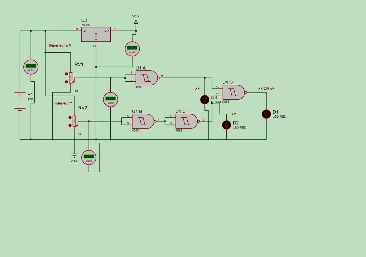 Sch&eacute;ma &eacute;lectronique avec des portes logiques et des LEDs. Une solution pour un probl&egrave;me de led reste allum&eacute;e hors tension.