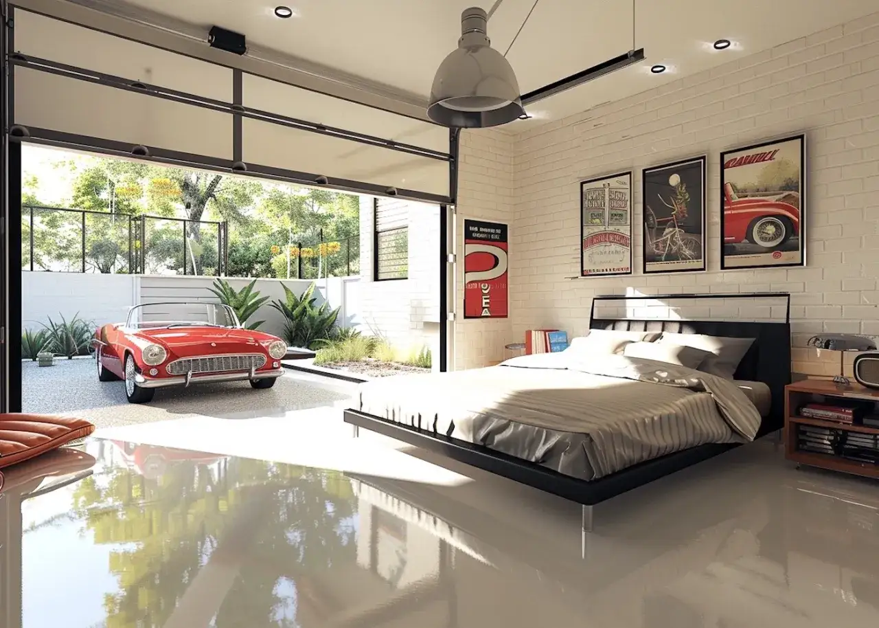 Transformer un garage en chambre : un lit douillet côtoie une voiture de collection rouge, le tout baigné de lumière.