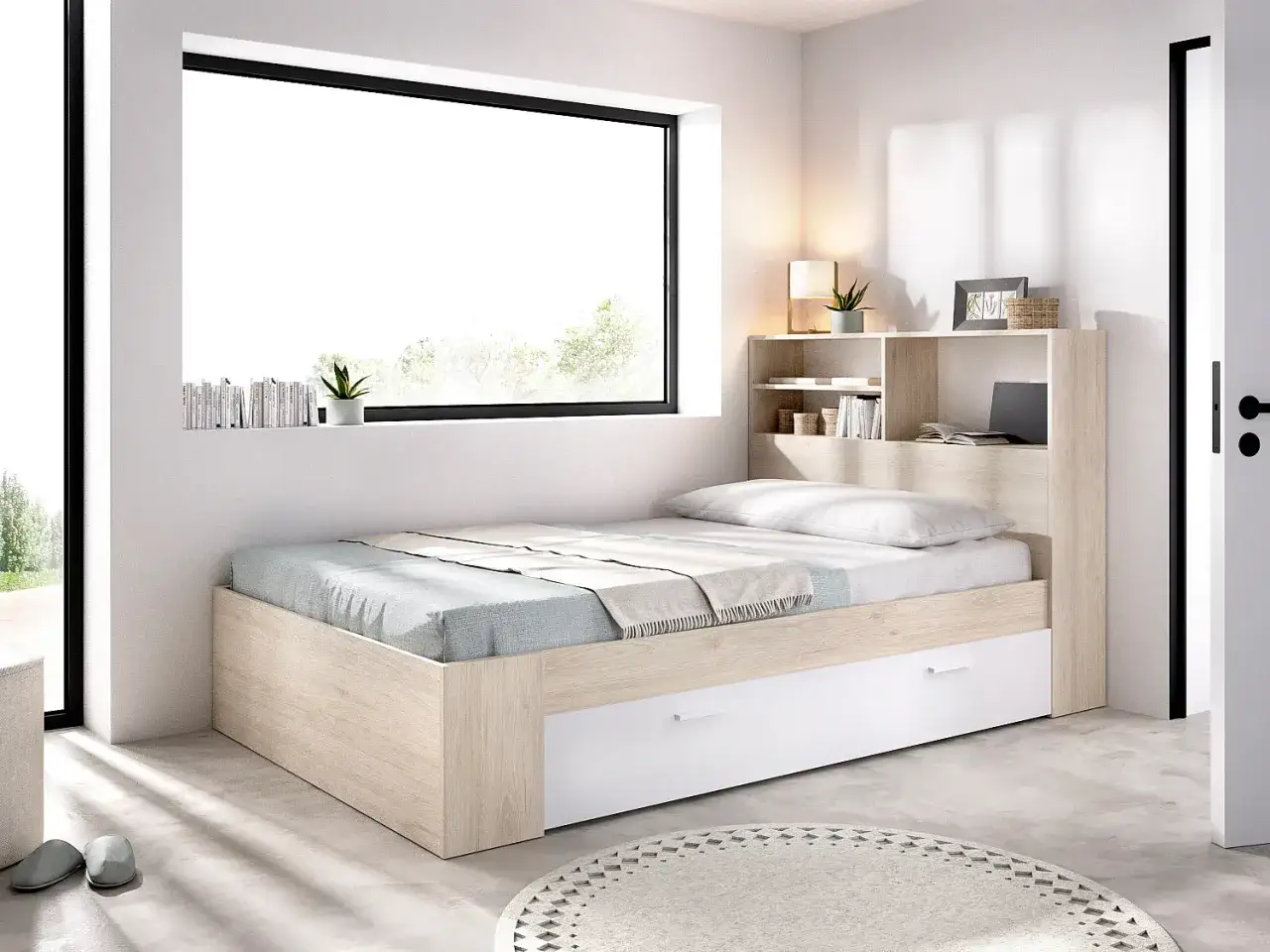 Lit moderne avec tiroirs et &eacute;tag&egrave;res, matelas 1 place et demi. Id&eacute;al pour une chambre d'enfant ou d'adolescent.