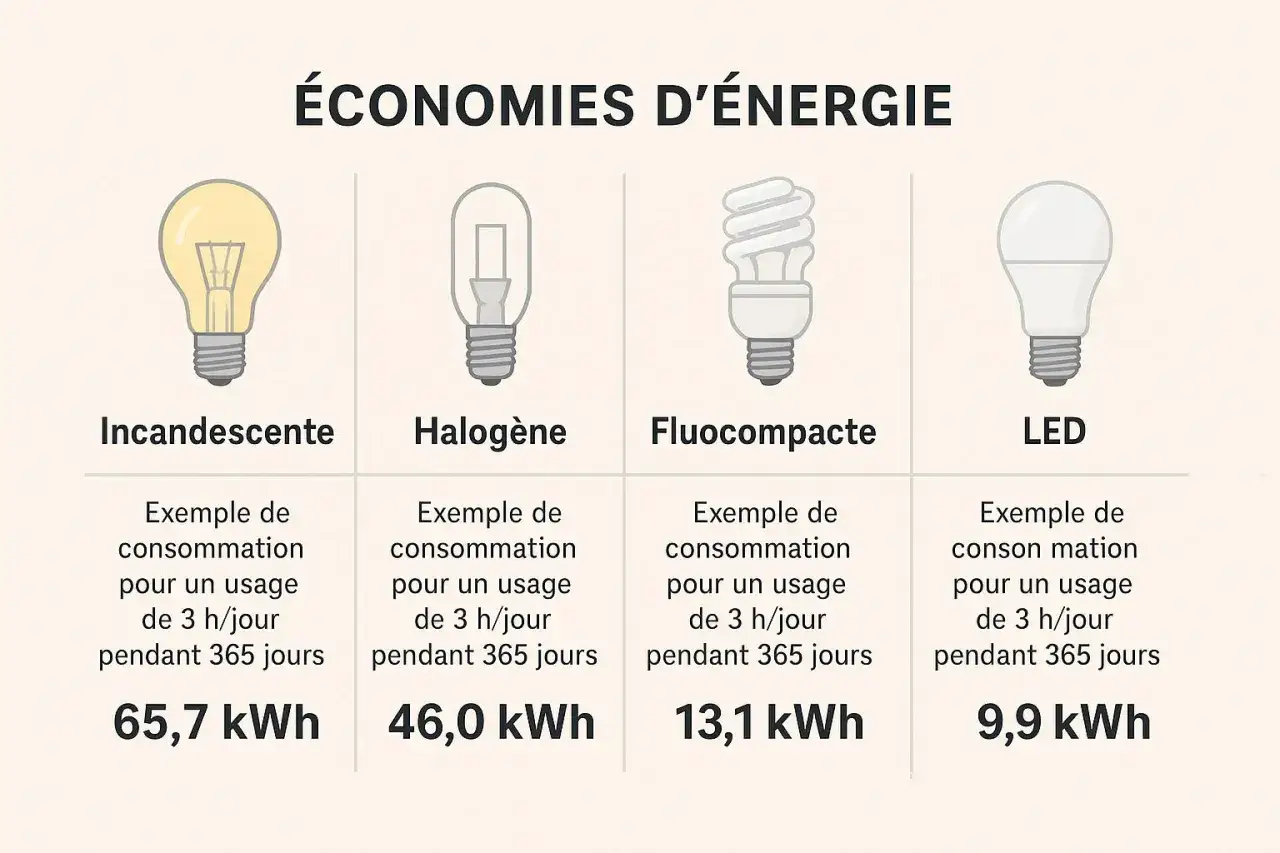 Comparaison de la consommation d'énergie : ampoule halogène vs LED et autres. Les ampoules LED sont les plus économes.