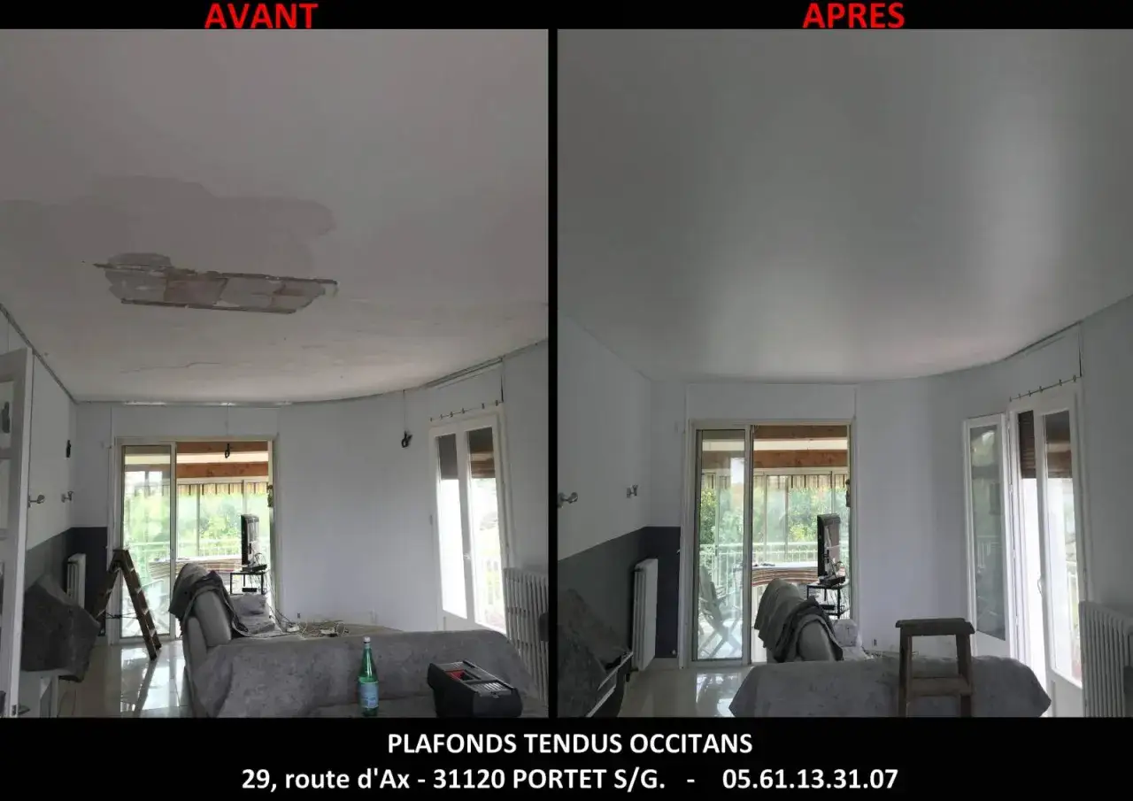 Avant/Après : un plafond abîmé, taché et fissuré est transformé en une surface lisse et impeccable grâce à un système de plafond tendu.