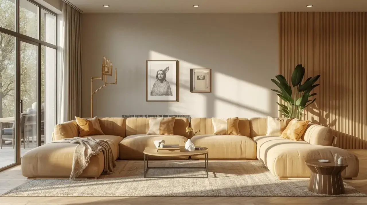 Un grand canap&eacute; modulaire beige, garni de coussins douillets et d'une couverture, invite &agrave; la d&eacute;tente. Id&eacute;al pour savoir comment rendre un canap&eacute; plus confortable.