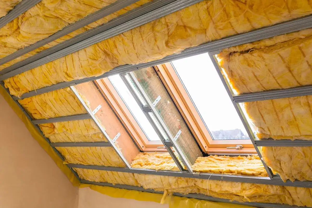 Travaux d'isolation de toiture avec laine de verre jaune, pr&ecirc;ts &agrave; isoler sa maison pour un confort optimal.