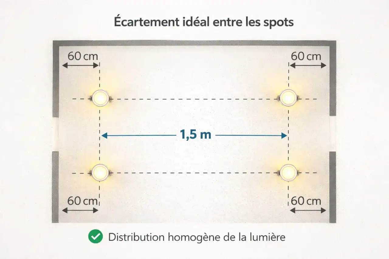 Schéma montrant l'écartement idéal entre les spots pour une distribution homogène de la lumière. Un spot cache moineau est placé à 60 cm des bords et à 1,5 m des autres.