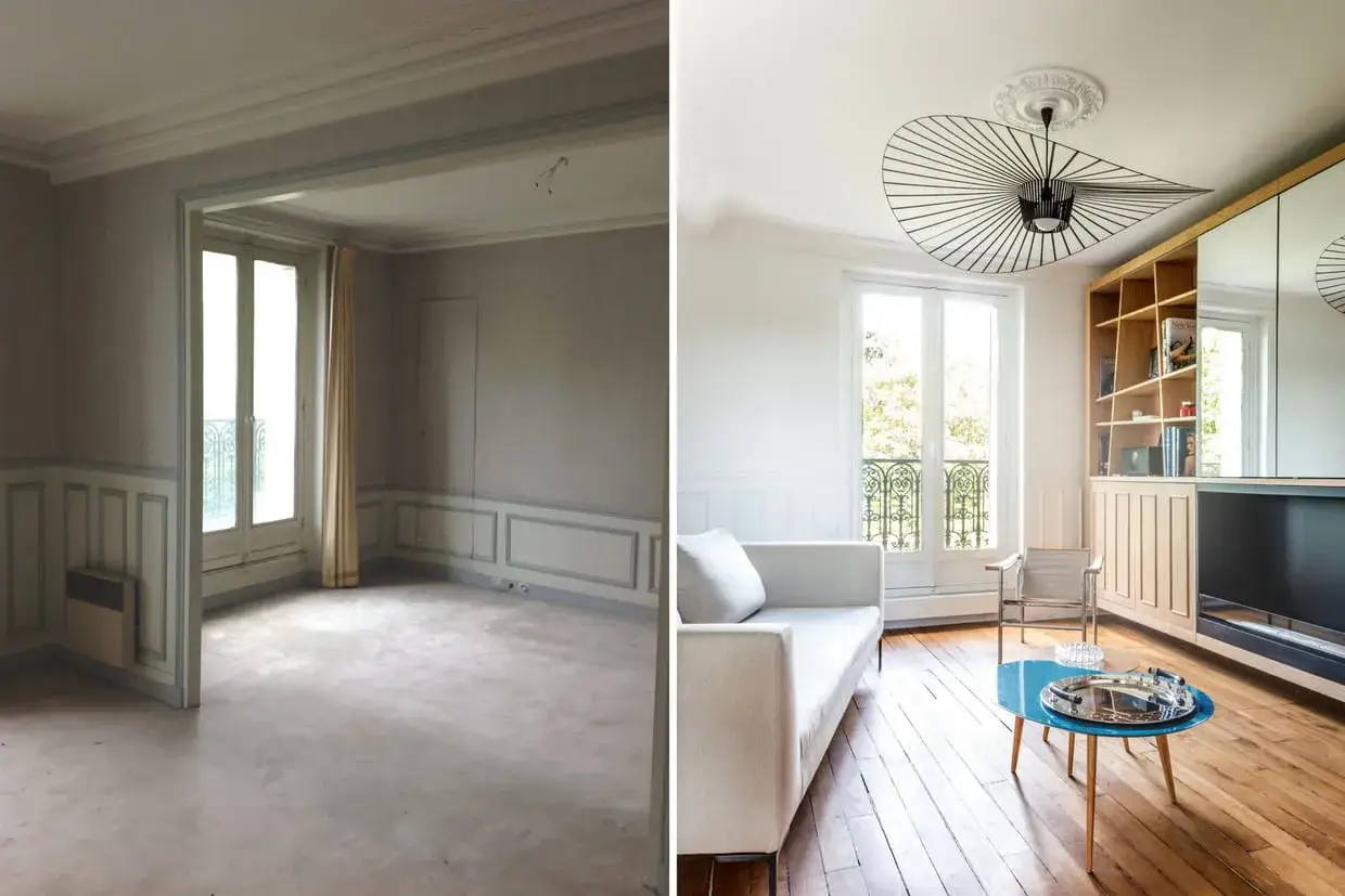 Avant/après d'une rénovation d'appartement : une pièce vide et démodée transformée en salon moderne et lumineux avec canapé, table basse et étagères.