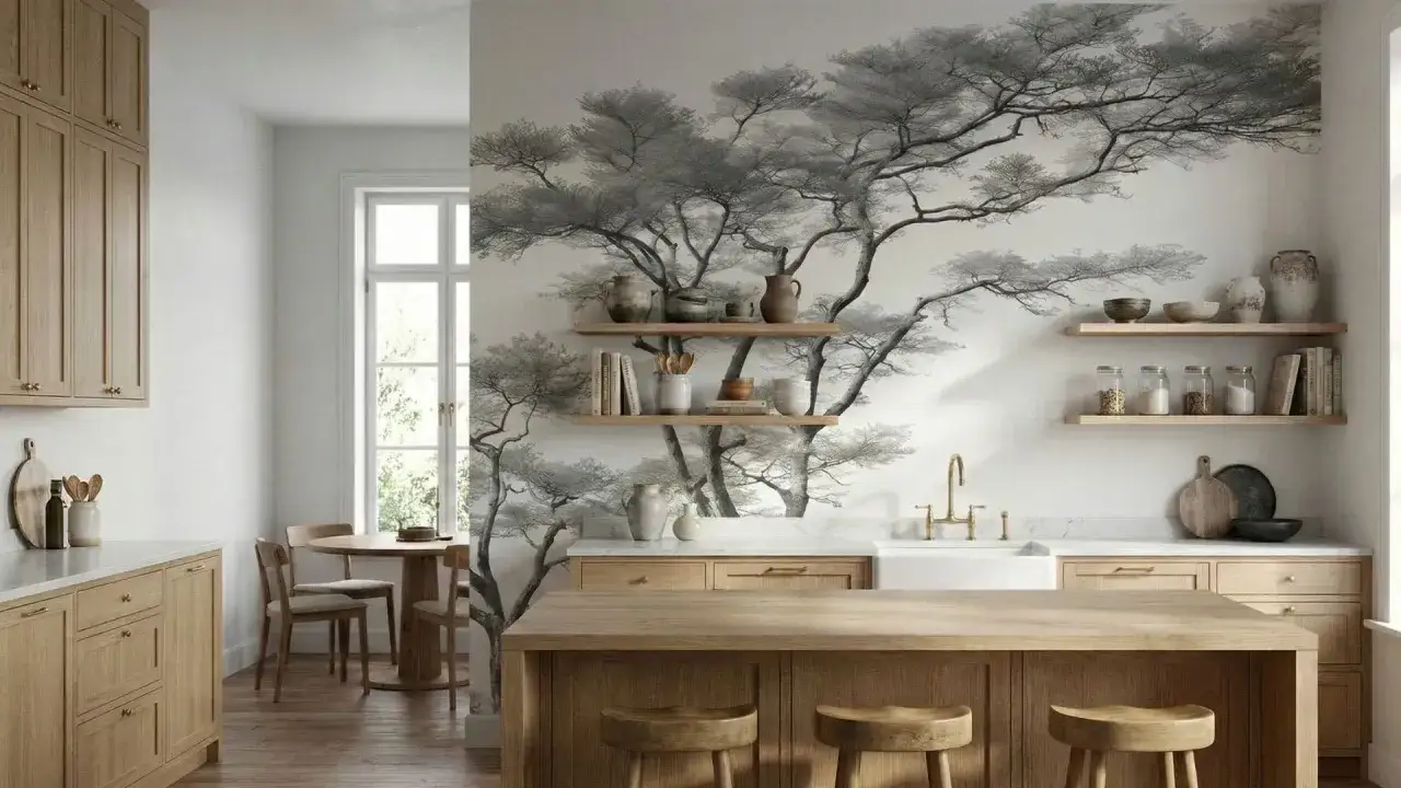 Une cuisine moderne avec des armoires en bois clair et un îlot central. Le mur du fond est orné d'un magnifique papier peint écologique représentant un arbre aux branches stylisées.