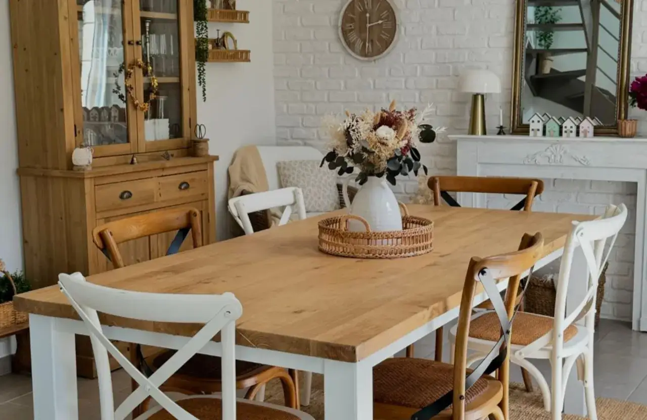 Un bouquet s&eacute;ch&eacute; dans un panier en osier sur une table en bois, une id&eacute;e tendance d&eacute;co centre de table salle &agrave; manger.