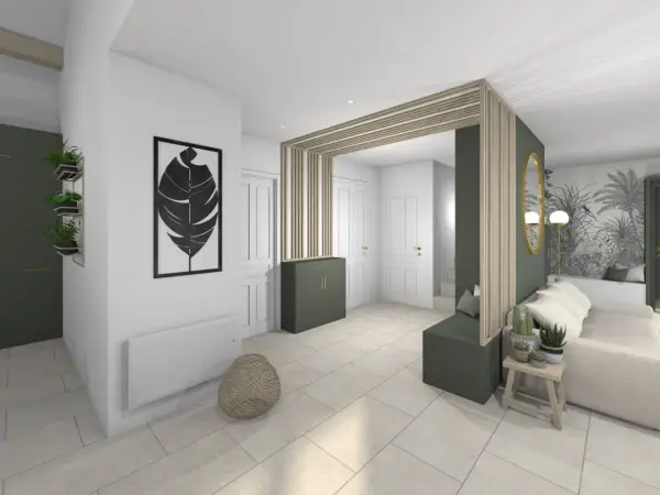 Aménagement entrée ouverte avec banc, meuble vert, et décoration murale végétale.