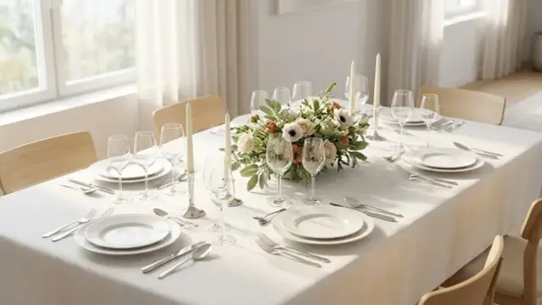 Un dressage de table simple avec des assiettes blanches, des verres à pied, des bougies et un centre de table floral.