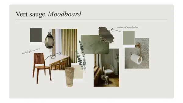 Moodboard "Vert sauge" : mobilier en bois sombre, rideaux, vase, et touches de couleur d'accentuation sur un mur vert sauge.
