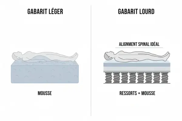 Pour une personne de plus de 100 kg, un matelas à ressorts et mousse offre un meilleur soutien et alignement spinal qu'un matelas en mousse seul.