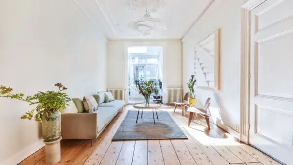 Un salon lumineux avec un canapé clair, des plantes et une grande fenêtre. Idéal pour savoir comment rendre une pièce plus lumineuse.