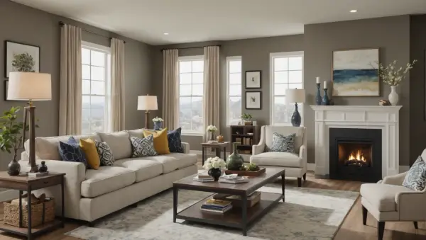 Quel budget pour meubler une maison neuve ? Un salon cosy avec canapé, fauteuils, table basse, cheminée et vue sur la nature.